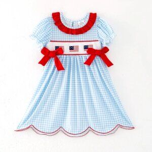 4th of July Smcoked Embroidered Flag Girls Boutique Blue Gingham Dress